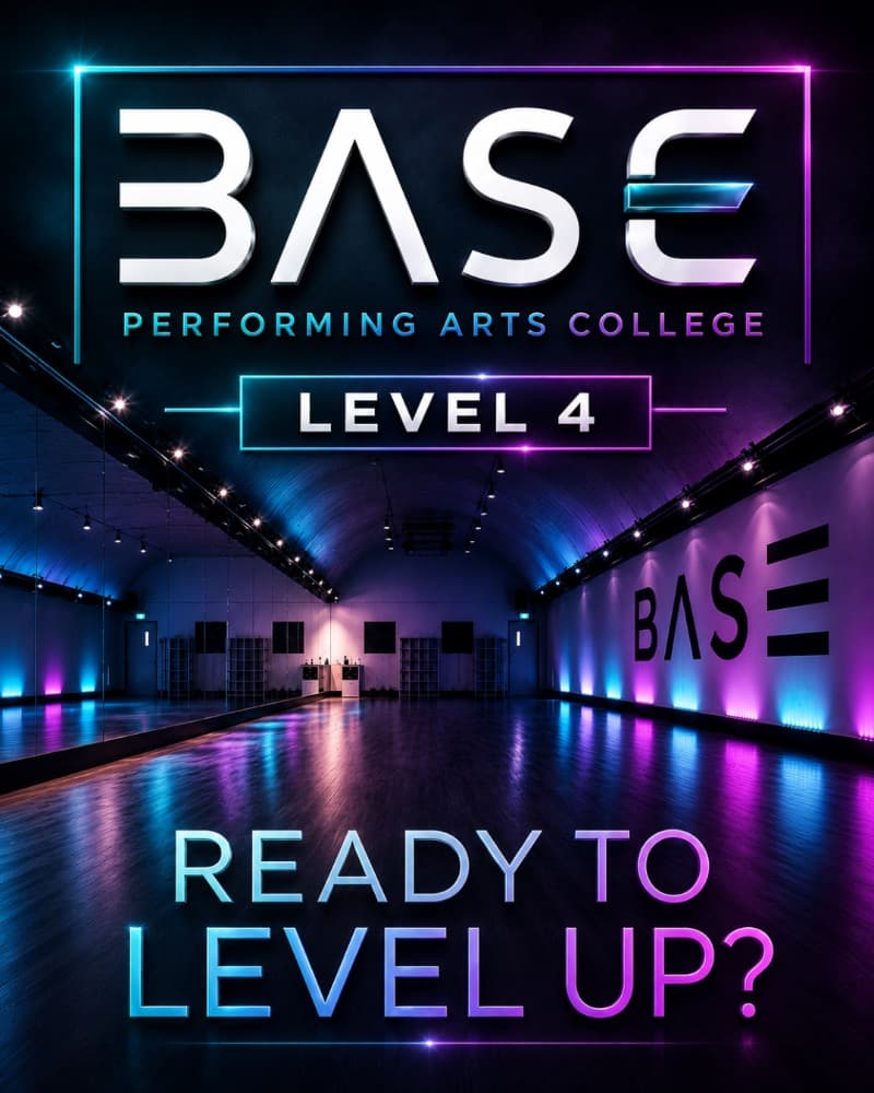 BASE Performing Arts College 'Level 4: Ready to level up?' post set in a neon-lit studio.