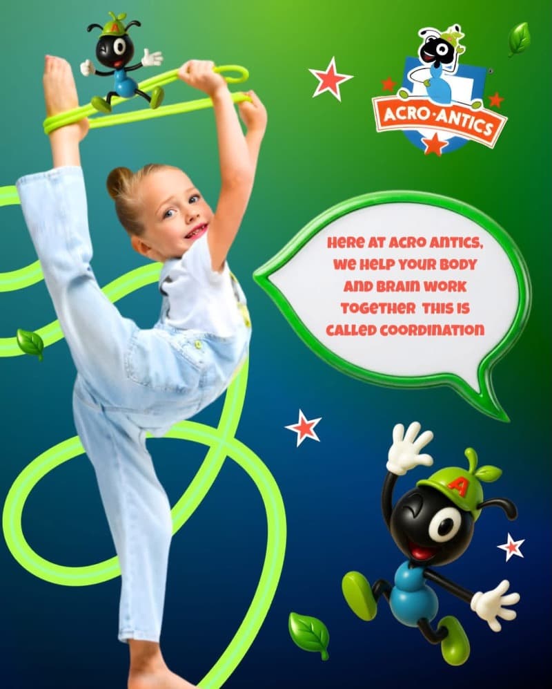 Chloe May's Dance Academy 'Acro Antics' coordination post with a young acro dancer and the green ant mascot.