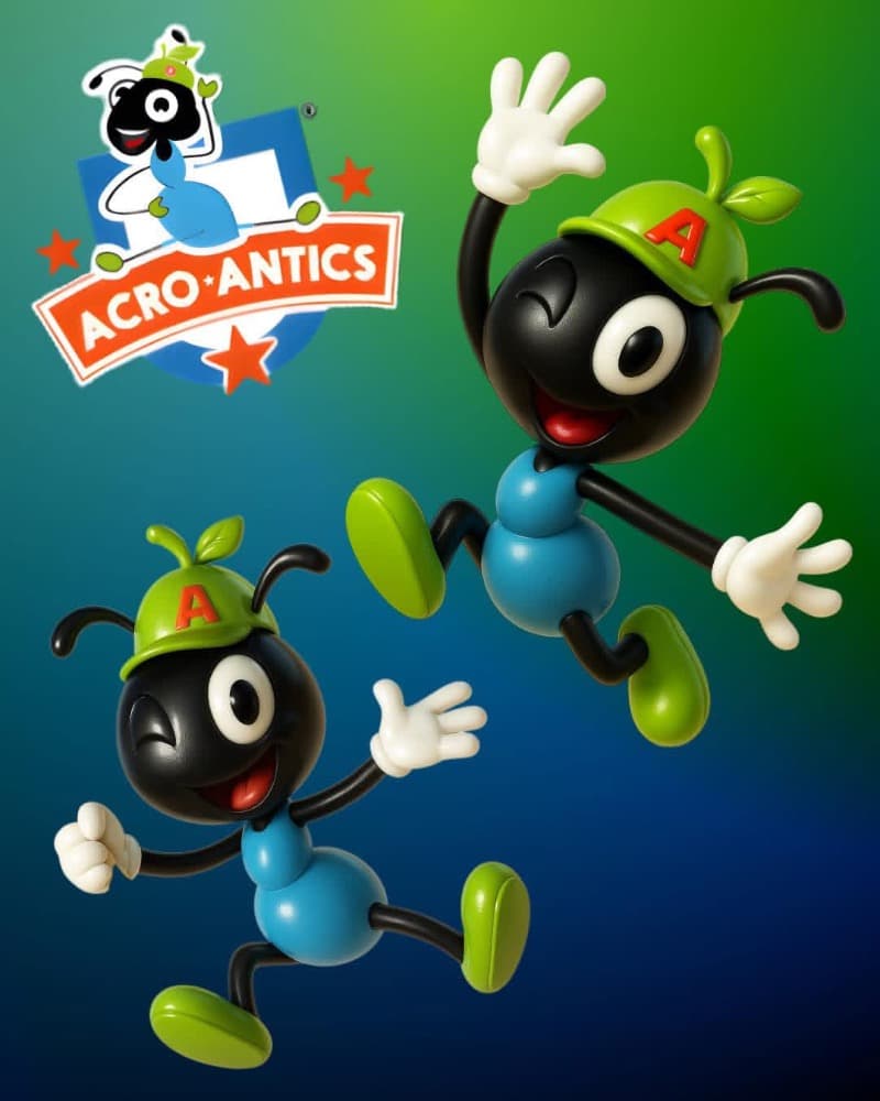 Chloe May's Dance Academy 'Acro Antics' post with the playful green ant mascots leaping on a blue-green background.
