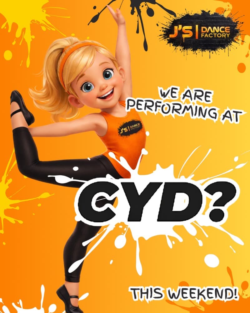 JS Dance Factory 'We are performing at CYD? this weekend' post with an animated dancer mascot on an orange paint-splatter background.