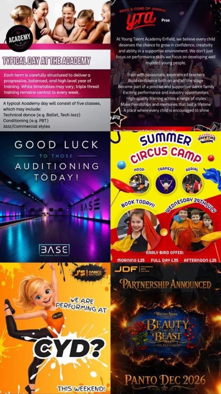 Instagram feed grid showcasing BASE Performing Arts College and partner studio social posts, including BASE audition and class announcements.