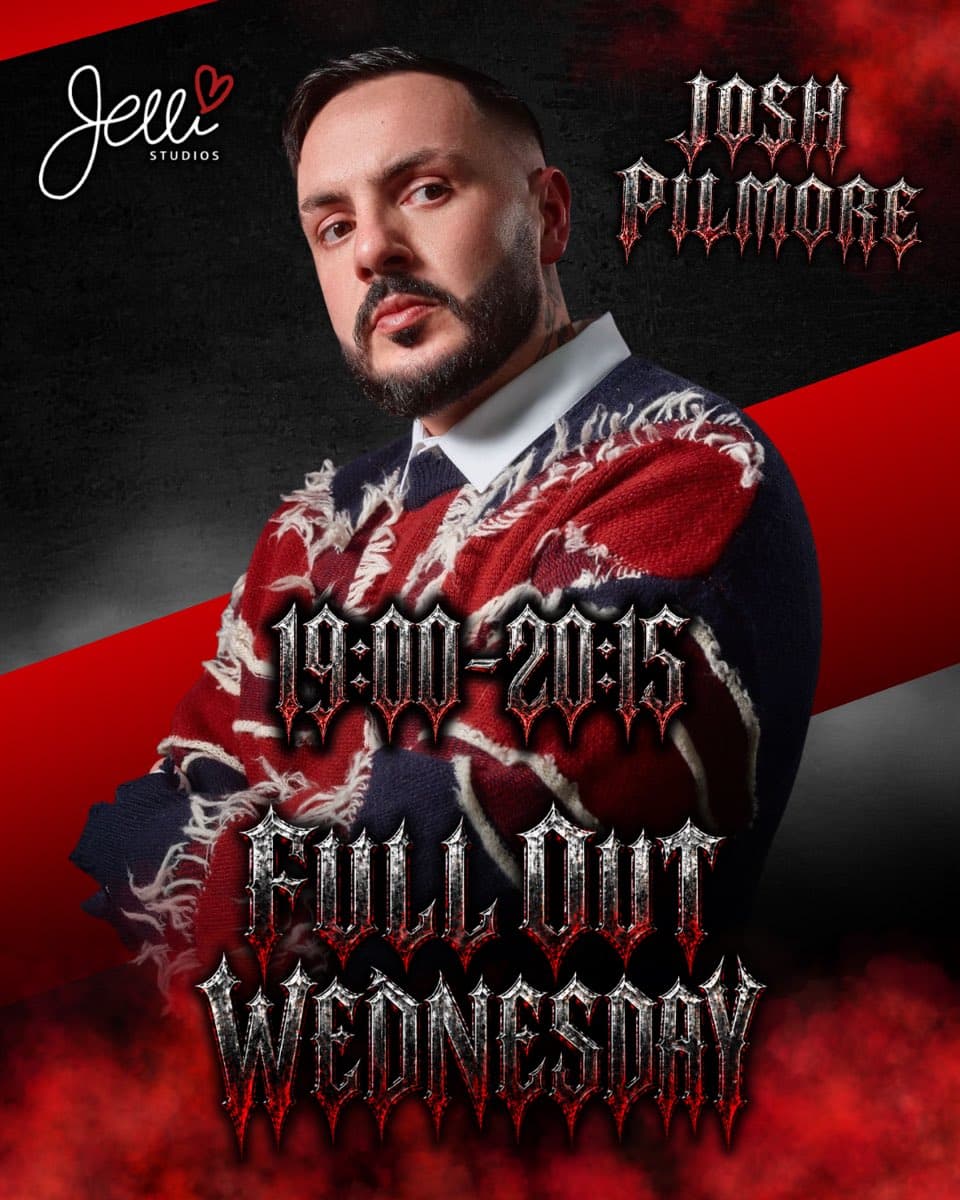 Jelli Studios 'Full Out Wednesday' promo featuring choreographer Josh Pilmore in a red and black knit against a dramatic red backdrop.