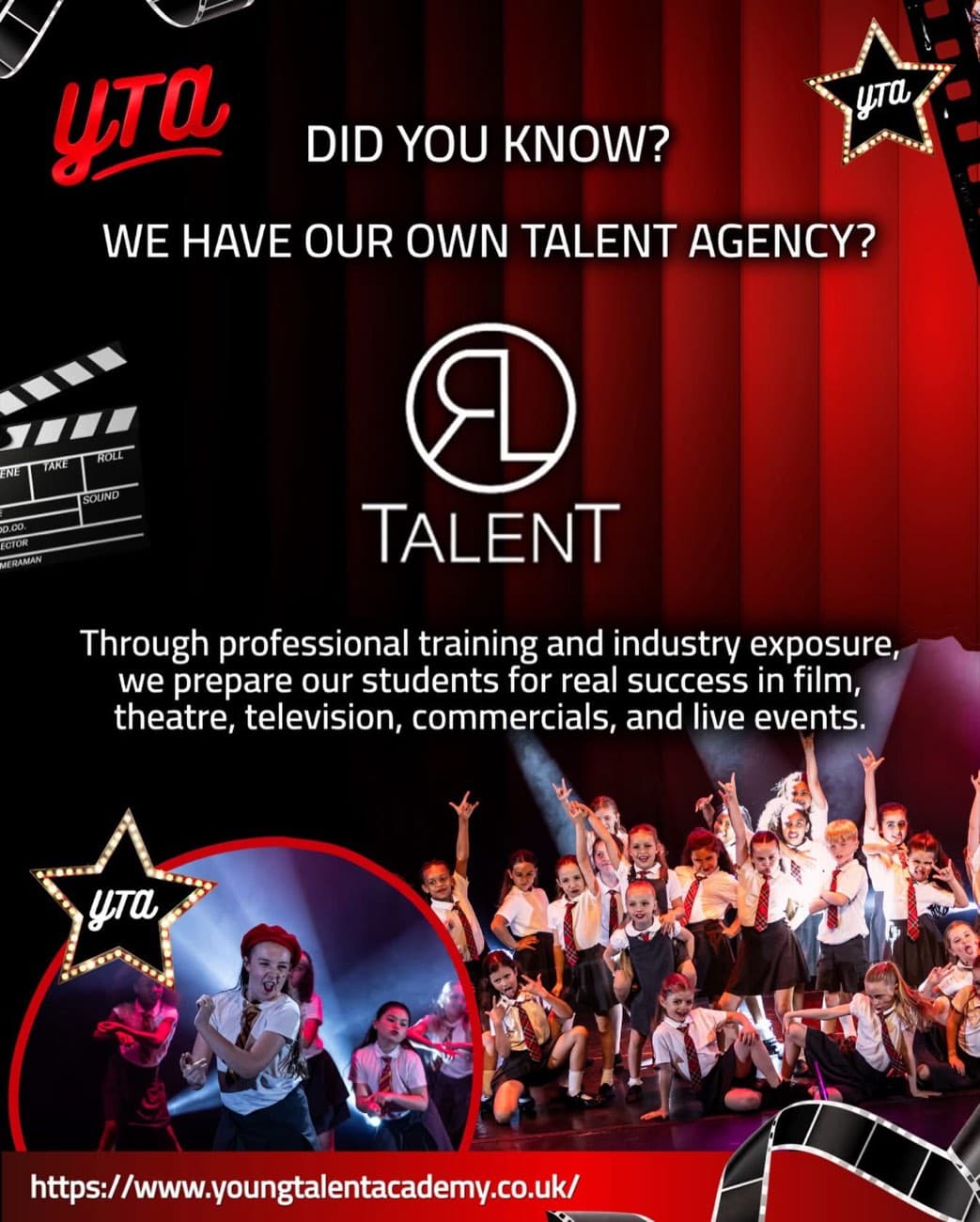 Young Talent Academy 'We have our own talent agency' post introducing RL Talent over a stage performance image.